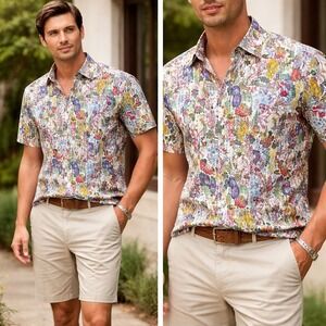 Sid Mashburn Mens Jungle Animal Print Linen Blend Shirt Small Multi Color